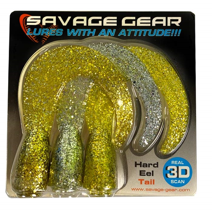 Se Savage Gear 3D Hard Eel Tails-gold / silver / chartreuse-long - Gummisfisk, shad, jig hos Outdoornu.dk